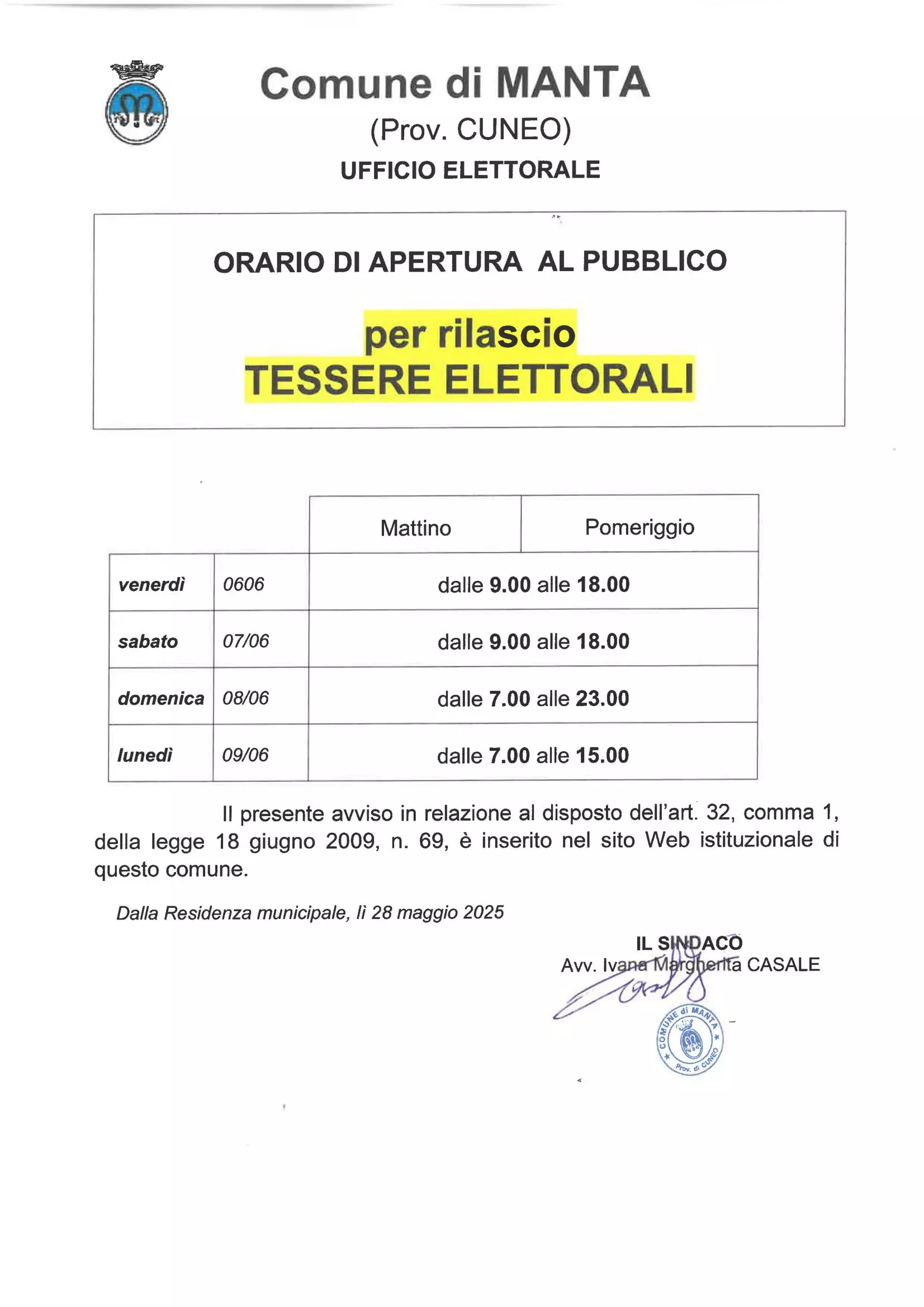 Aperture straordinarie ufficio elettorale